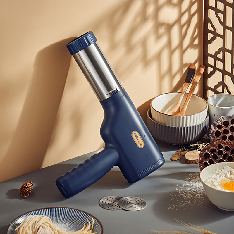 Blue handheld Handheld Electric Noodle Machine on a table with various kitchen items