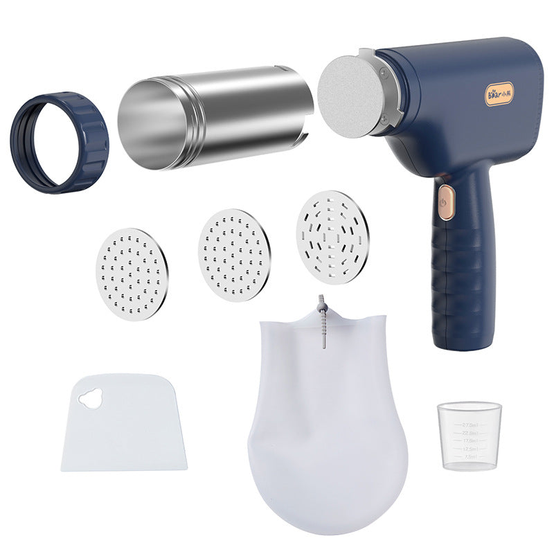 Blue handheld Handheld Electric Noodle Machine with various attachments on a white background