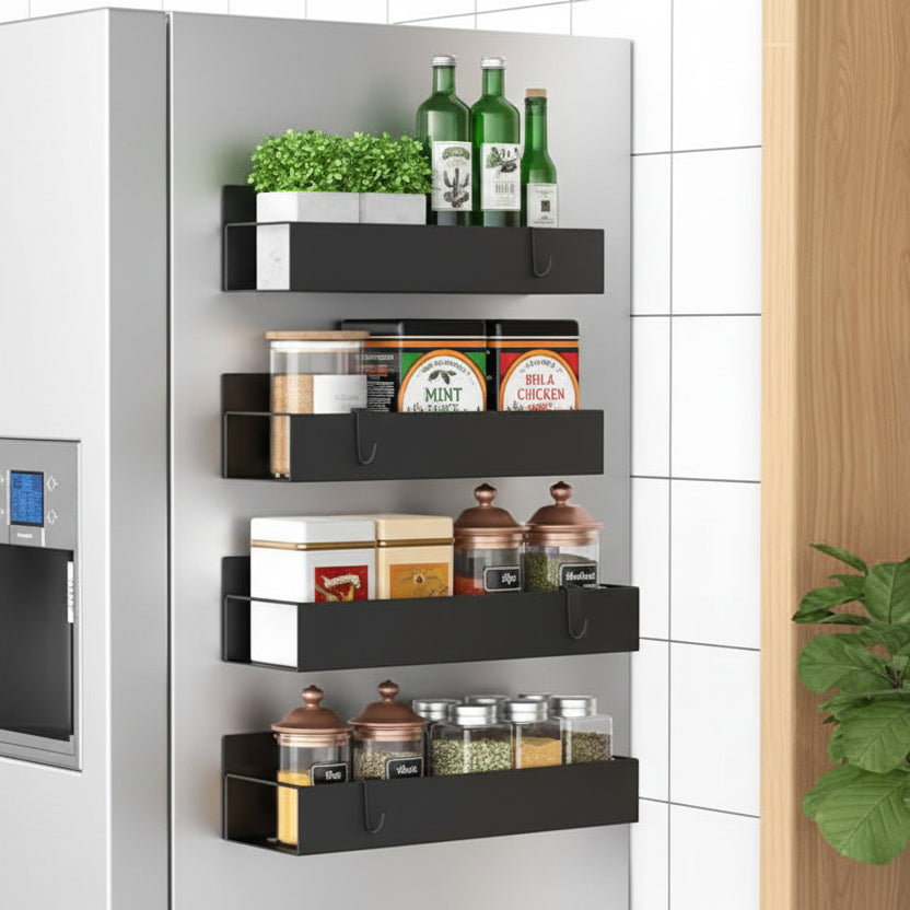 Wall-mounted black Magnetic Spice Rack  with various items against a white tiled wall.