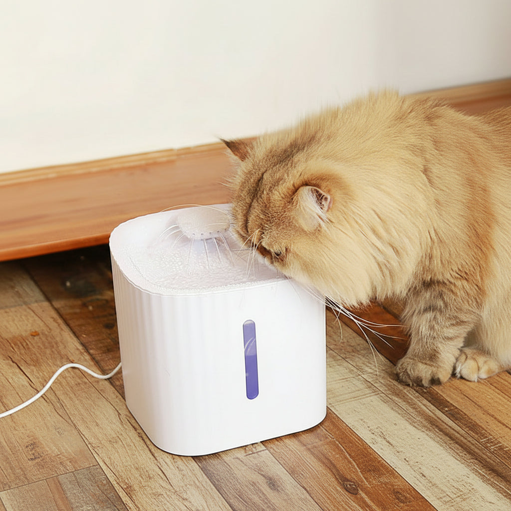Cat drinking from a pet water fountain on a wooden floor.