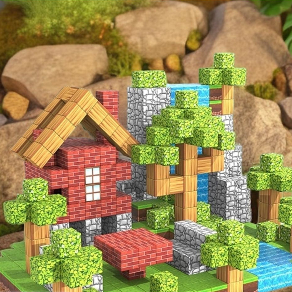 Toy building set resembling a forest house with trees and rocks in the background