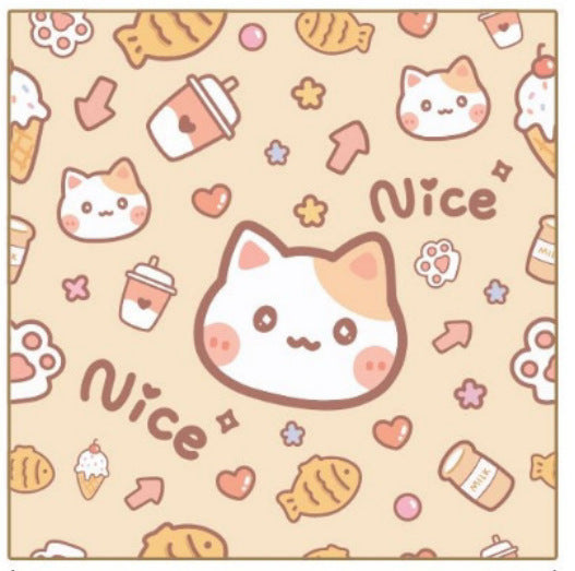 Patterned Magic Pet Wrap with cute cat faces, food items, and the word 'Nice' on a beige background.