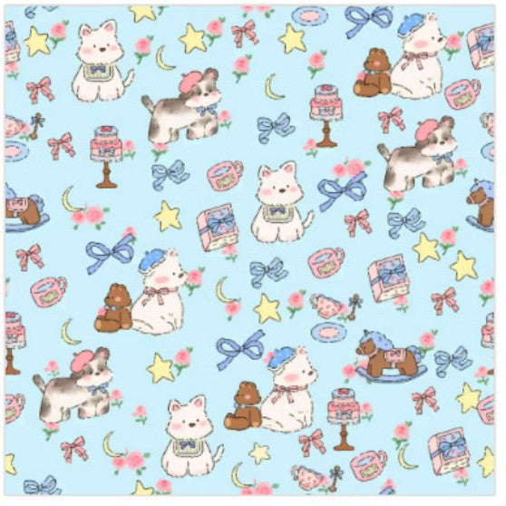 Pattern of cartoon cats, dogs, and toys on a blue background
