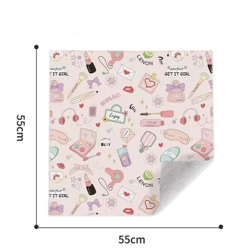 Patterned paper with cosmetic illustrations and measurements on a white background