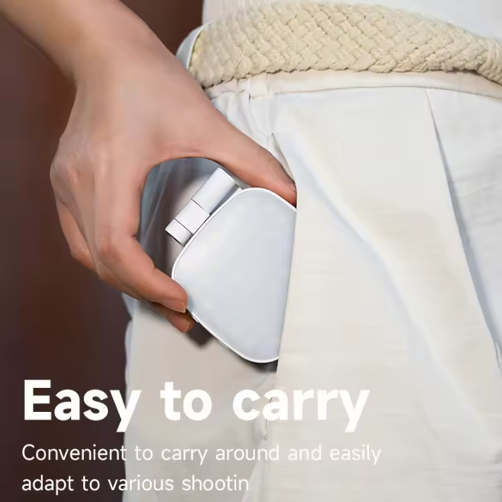 Hand holding a small white Phone Magnetic Selfie Light with text 'Easy to carry' on a blurred background