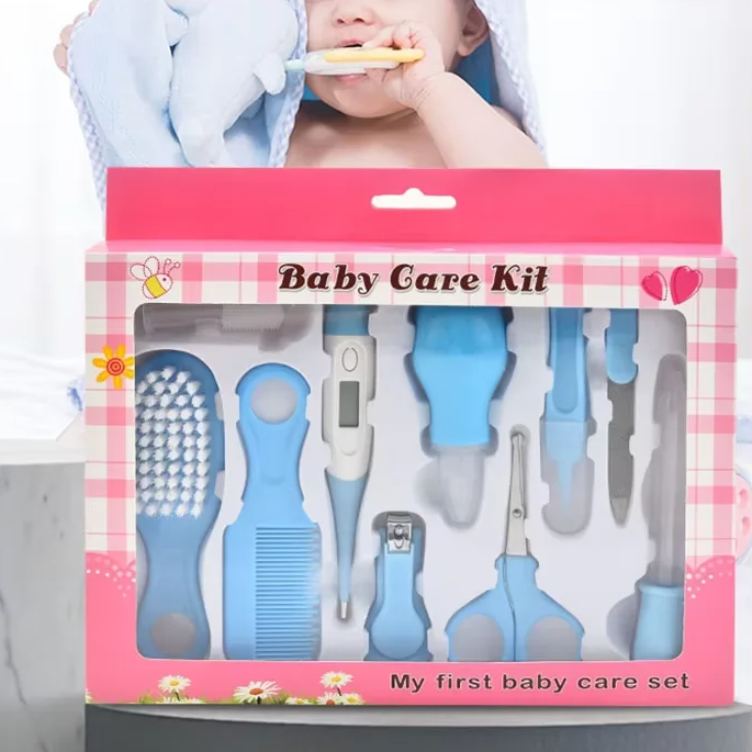 Baby care kit with various tools in a pink and white checkered box, with a baby using the toothbrush.