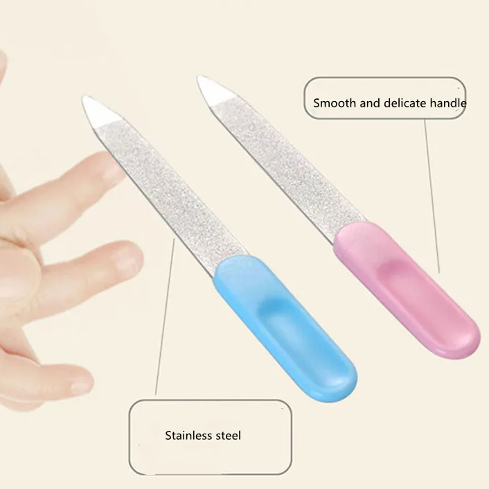 Two nail files, one blue and one pink, with text indicating 'Smooth and delicate handle' and 'Stainless steel'.
