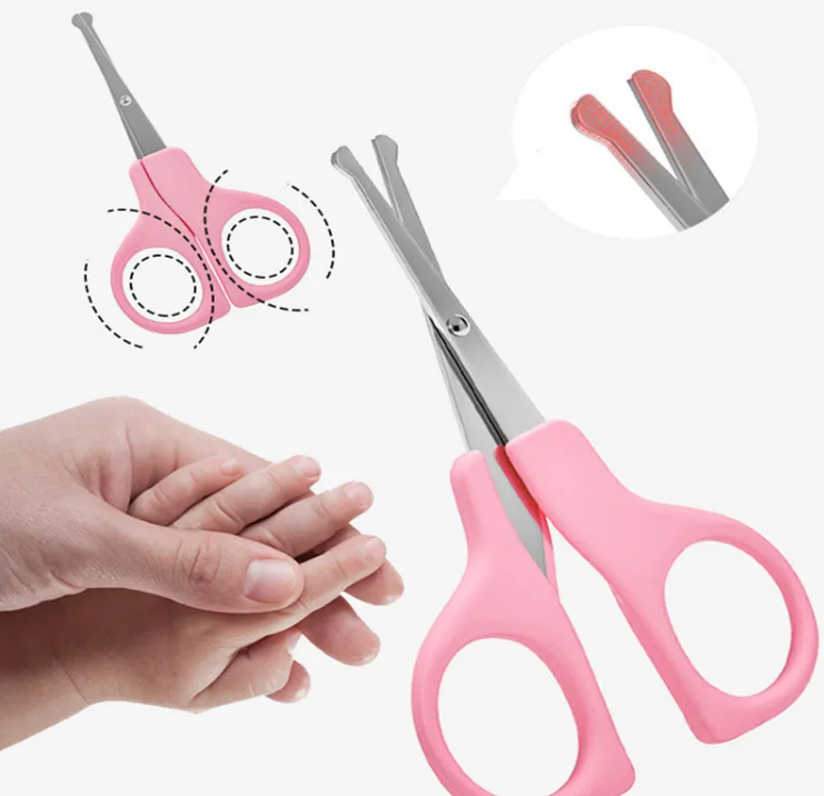 Pink pet nail clippers with a hand holding a dog's paw and a close-up of the blades.
