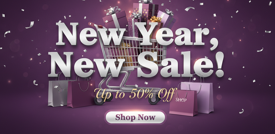 Promotional banner for a New Year sale with a shopping cart, presents, and discount text on a purple background.